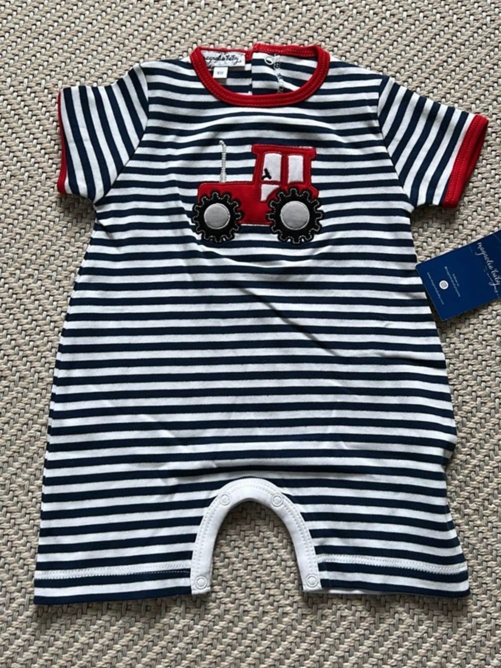 Striped Navy & White Baby Romper with Red Tractor Applique